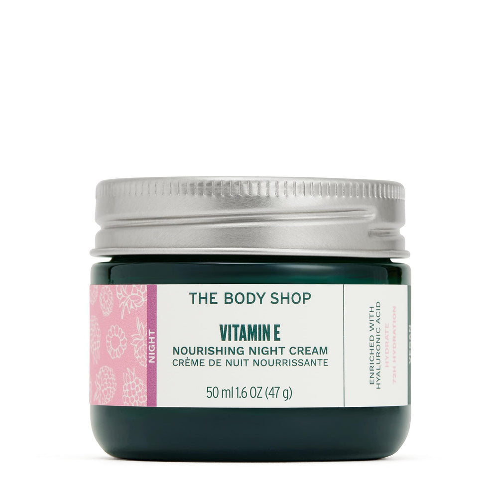 The Body Shop Vitamin E Night Cream jar close-up shows rich hydration