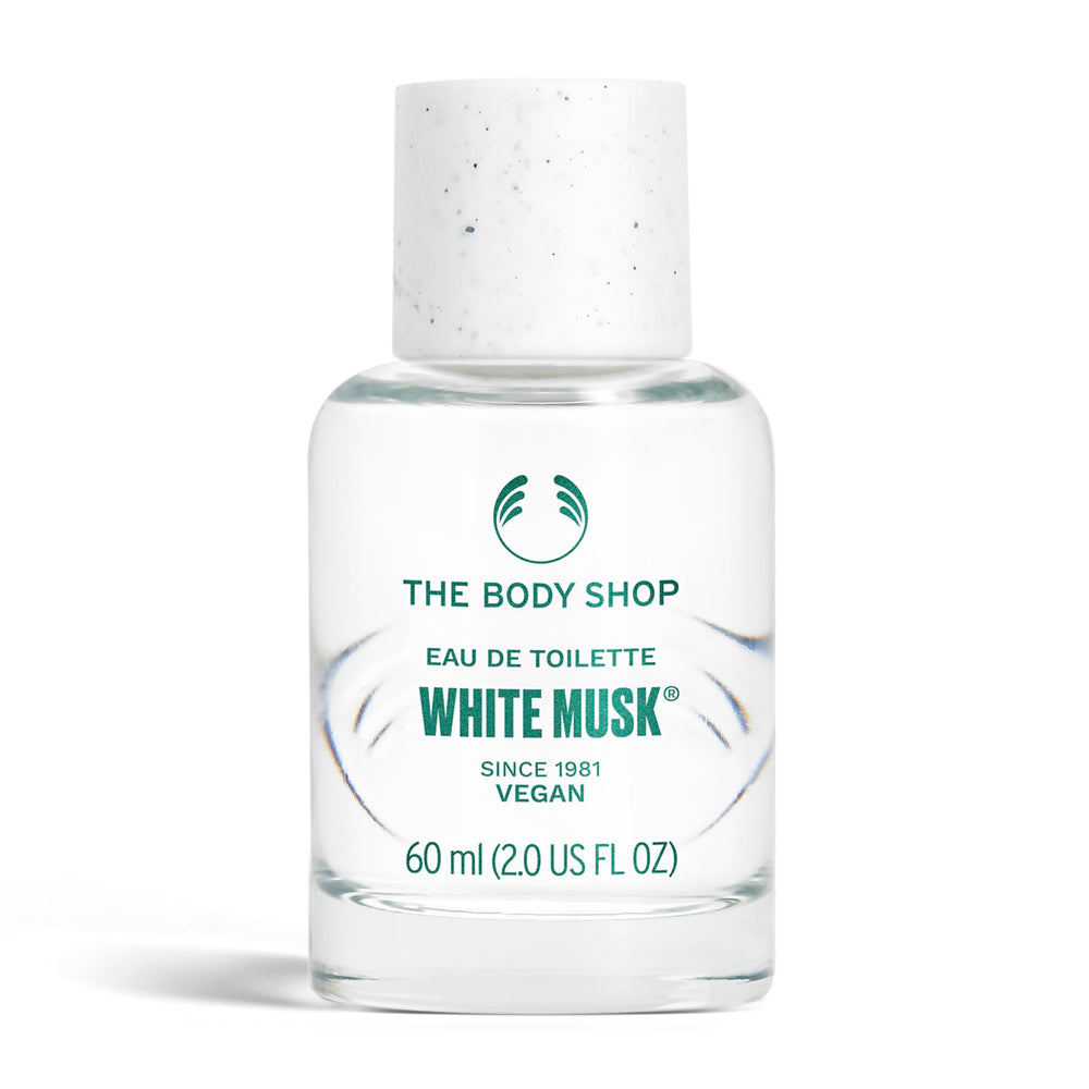 The Body Shop White Musk EDT bottle closeup highlighting its elegant bottle design and fresh aroma.