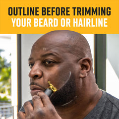 The Cut Buddy precision guides beard and hairline with pencil marks.