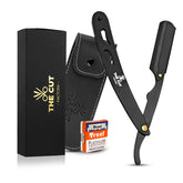 The Cut Factory straight razor blade holder shows a secure blade clamp for clean shaves