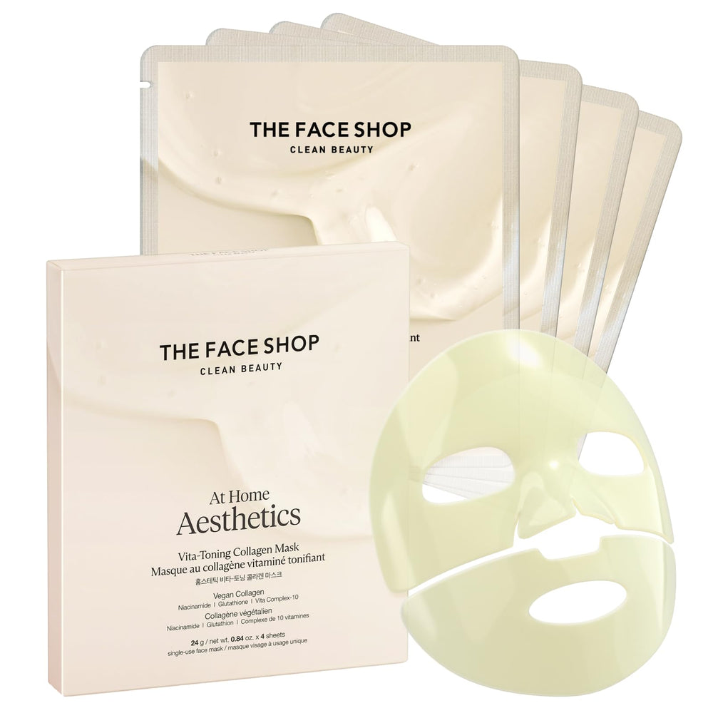 The Face Shop Vita-Toning vegan collagen mask hydrogel application for radiant hydration.