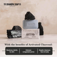The Grandpa Soap Company charcoal bar soap vegan-cruelty-free formula for ethical cleansing.