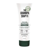 The Grandpa Soap Company Pine Tar Shampoo bottle highlighting pine tar and tea tree for dry scalp care.