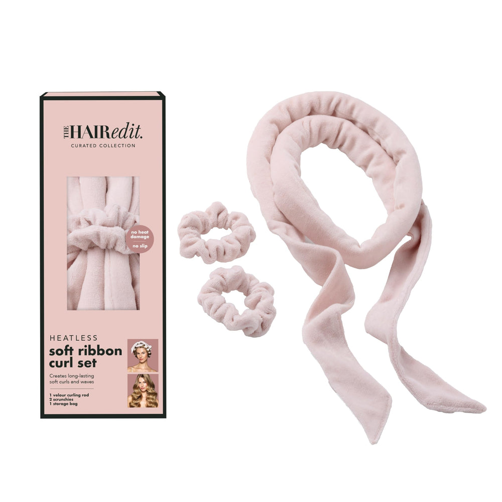 The Hair Edit heatless ribbon curl set on head for overnight curls.