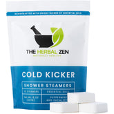The Herbal Zen Cold Kicker steamers pack shot highlights peppermint and eucalyptus blend for refreshing breath