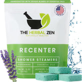 The Herbal Zen Recenter lavender and eucalyptus shower steamer pack ready for use.