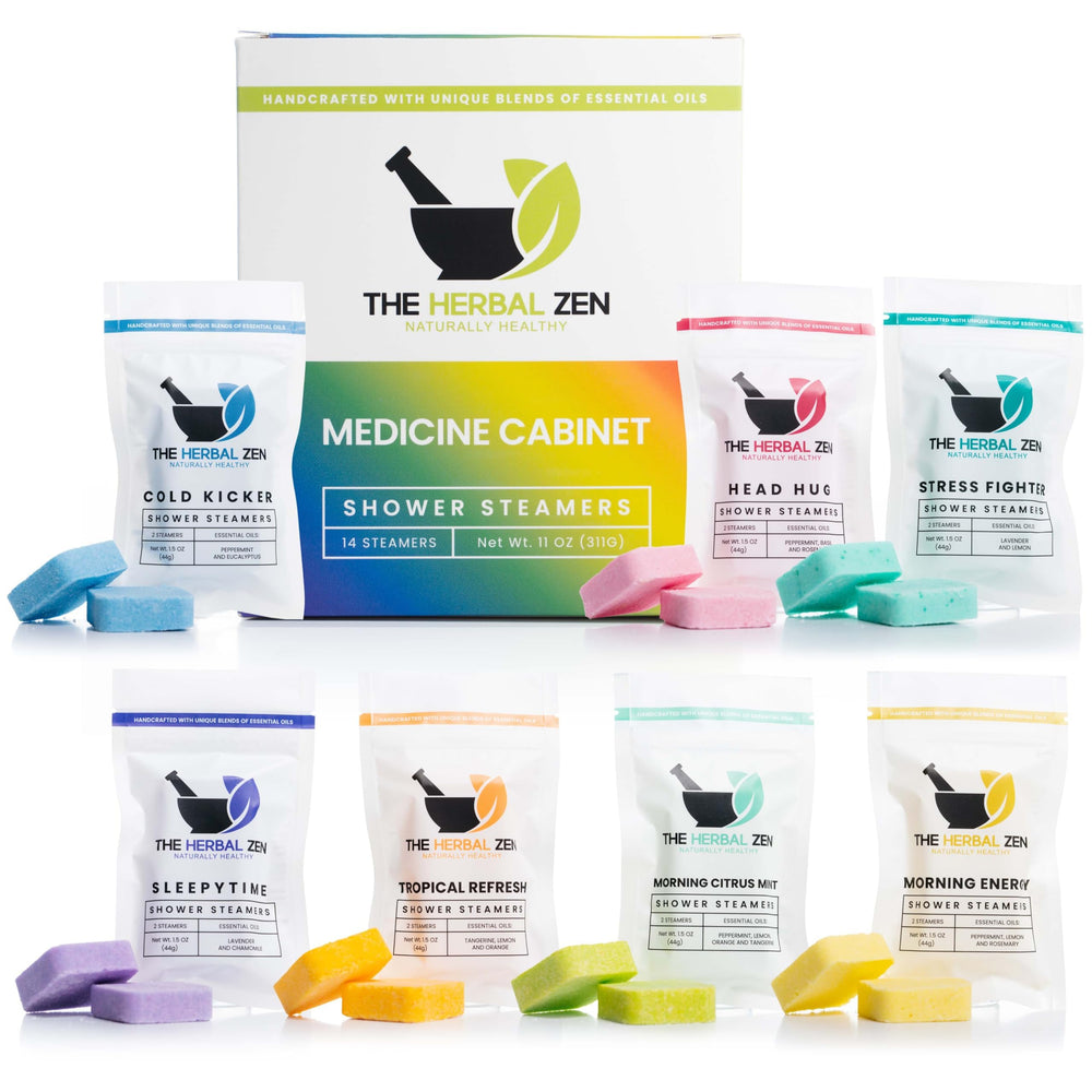The Herbal Zen shower-steamer variety-pack box offers convenient, gift-ready aromatherapy for daily routines.