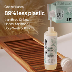 Lather-rich foam from The Honest Company 2-in-1 shampoo bottle creates a gentle cleanse.