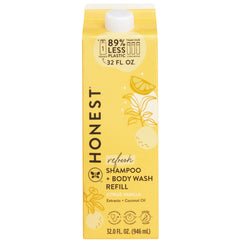 The Honest Company 2-in-1 Citrus Vanilla bottle pouring for gentle cleansing.