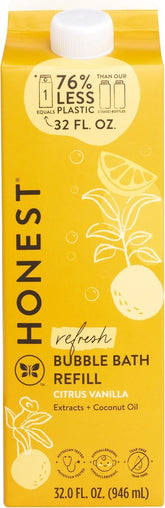 The Honest Company Bubble Bath Citrus Vanilla pour; tear-free cleansing for baby and family.