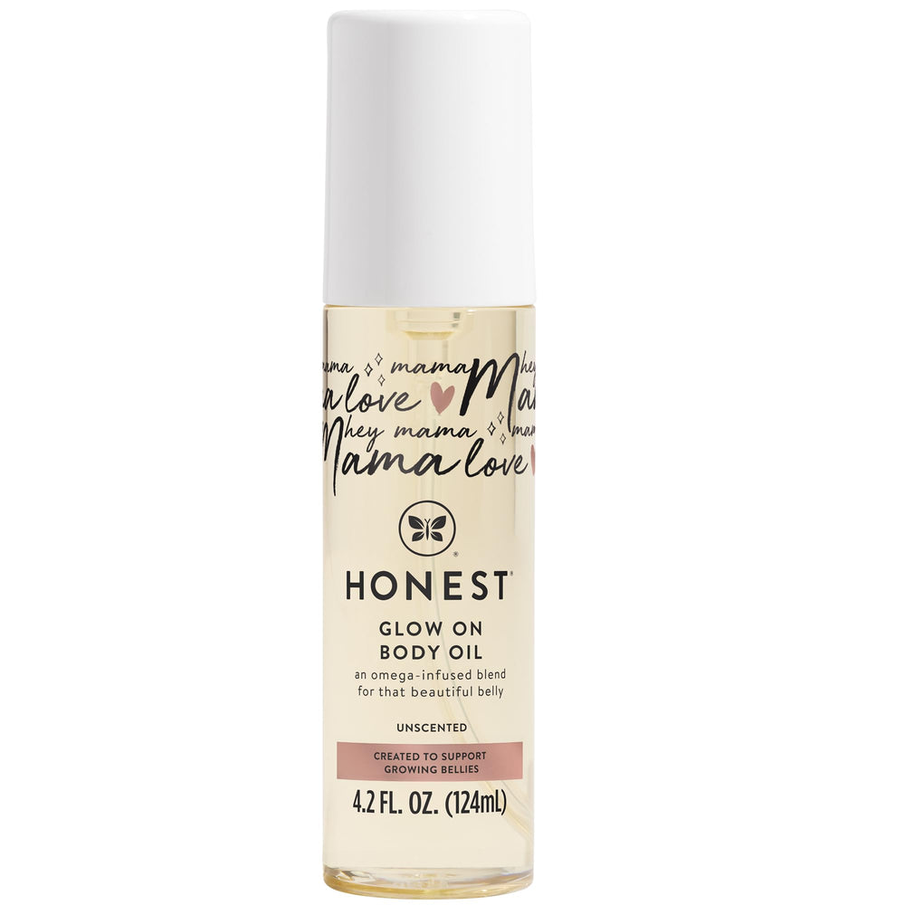 The Honest Company Mama Glow On Body Oil, bote, hidratación suave para vientre en crecimiento.