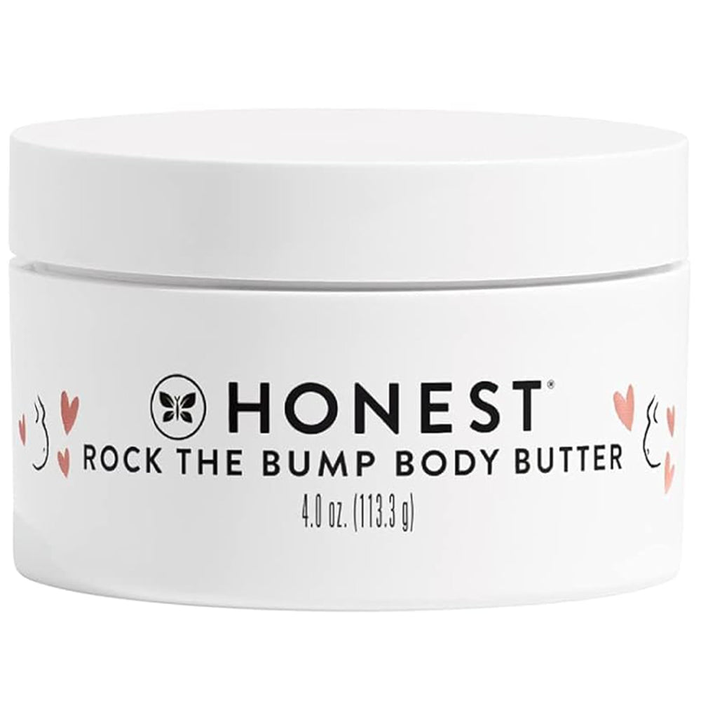 The Honest Company Mama Rock Bump crema, envase visible, ofrece hidratación suave para el embarazo.