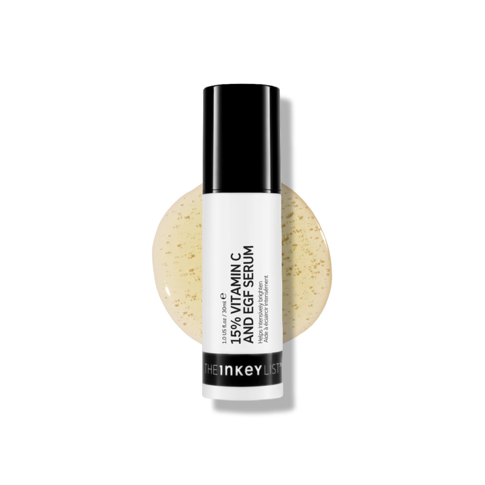 The INKEY List serum bottle front promotes brightening for dull skin