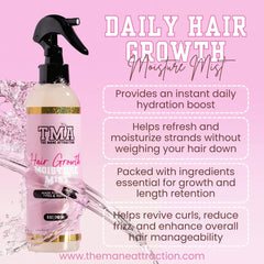The Mane Attraction Nourishing Daily Hair Growth Moisture Mist highlights aloe vera juice as a key ingredient.
