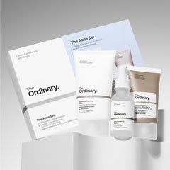 The Ordinary Acne Set presentación 3 pasos: guía visual para una rutina diaria sencilla.