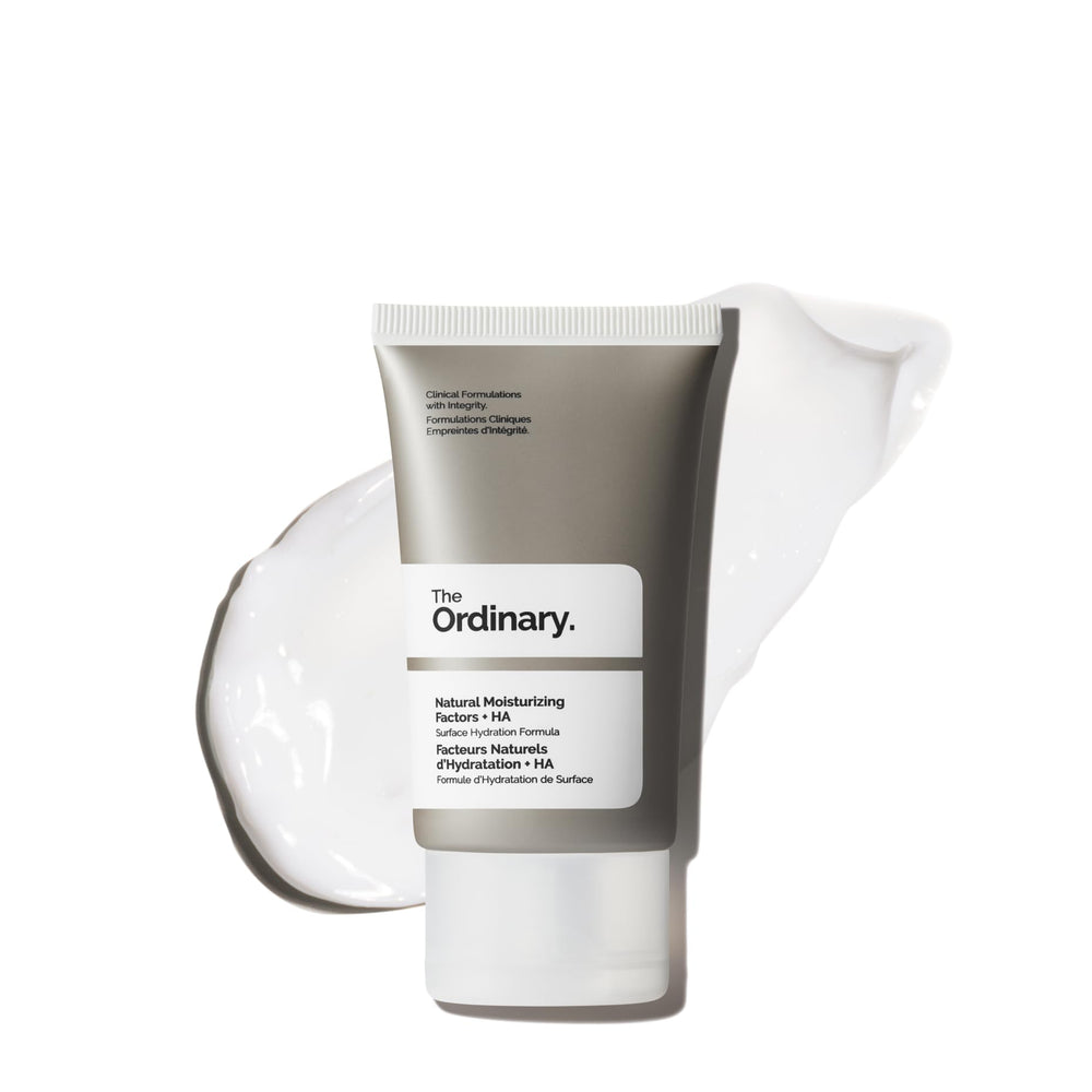 The Ordinary Natural Moisturizing Factors and Hyaluronic Acid bottle close-up for lightweight hydration.