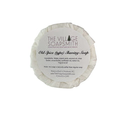 The Village Soapsmith Old Spice shaving soap bar ready for lather with a classic scent.