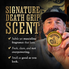 The Vintage Grooming Co. Mustache balm kit open reveals essential grooming tools.