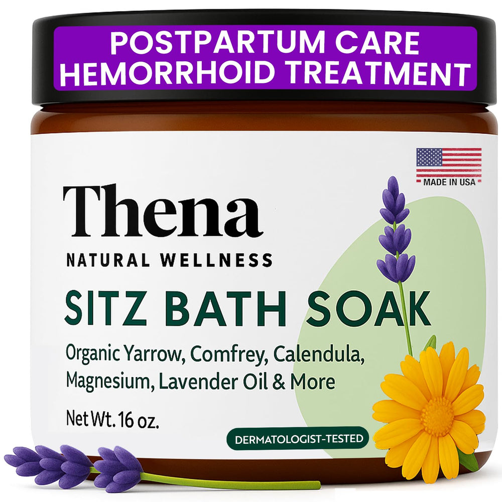THENA Natural Wellness Sitz Bath Soak packaging with organic ingredients for postpartum care
