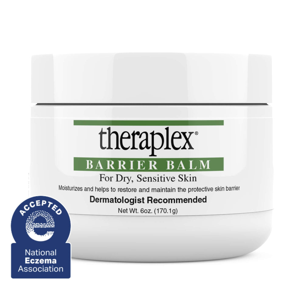 Theraplex Skin Barrier Balm tube close-up showing a non-greasy formula for dry skin.
