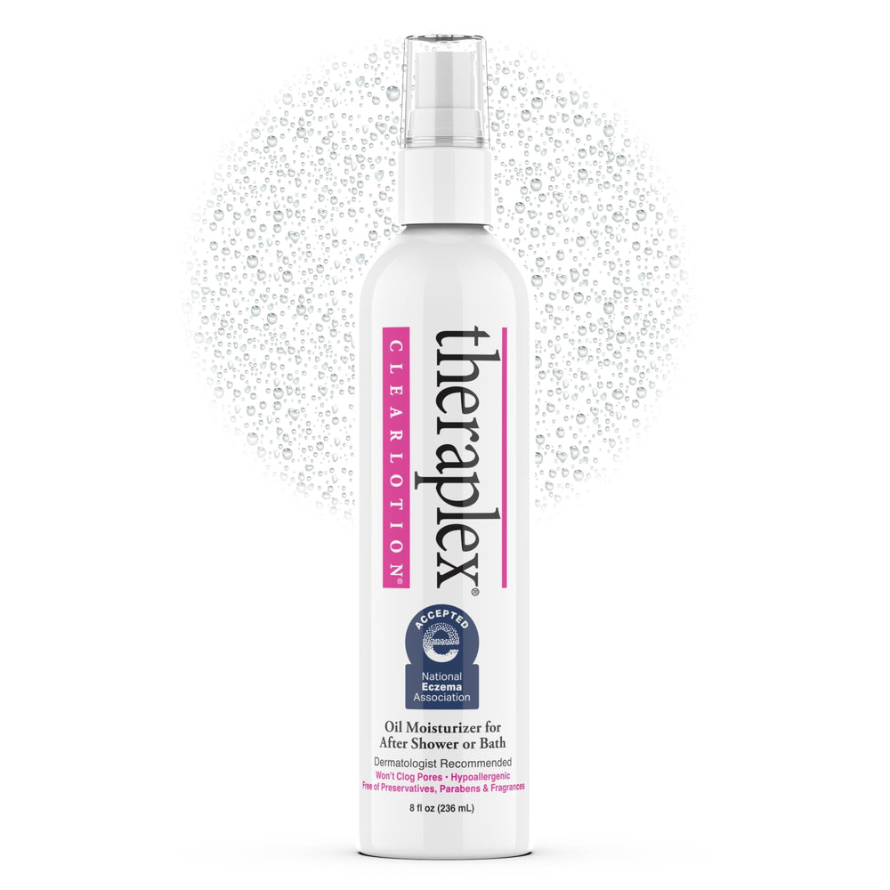 Theraplex Loción Clara Spray envase 8oz, aplicación diaria para sellar humedad tras la ducha.