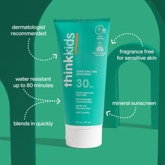 Thinkkids sunscreen bottle back label showing vegan, reef-safe formula