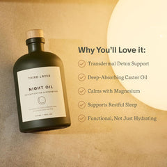 Third Layer Castor Oil Body Oil label close-up highlighting glass packaging and hexane-free sourcing.