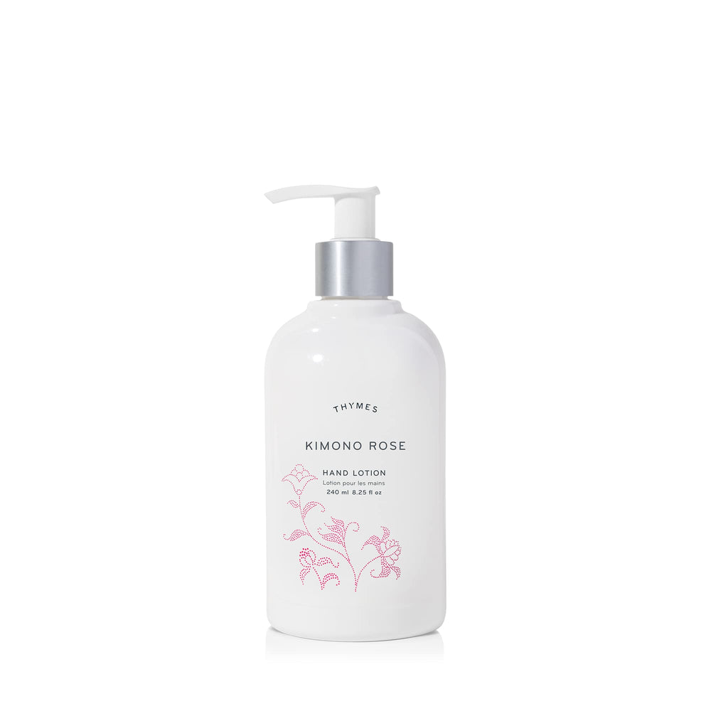 Loción de manos Thymes Kimono Rose en botella, hidratación suave para la piel