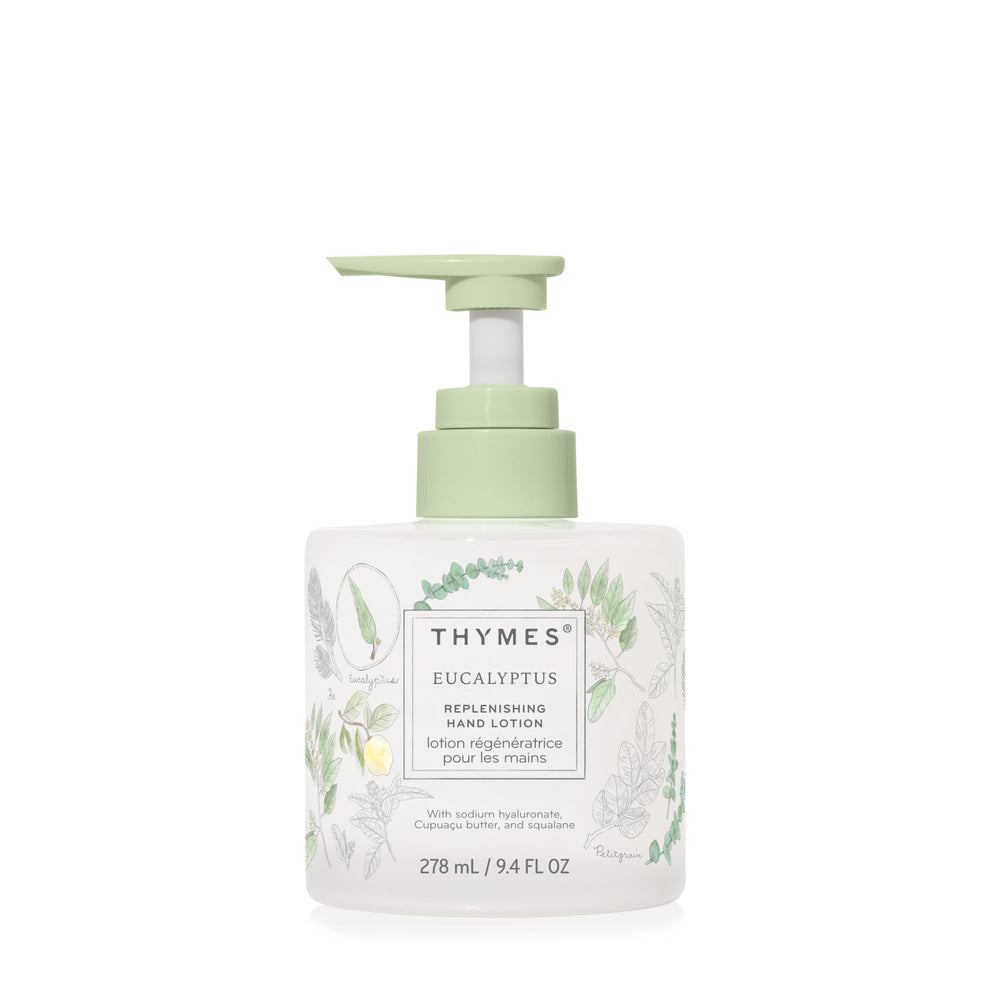 Thymes replenishing hand lotion bottle in an elegant glass container for daily moisture.