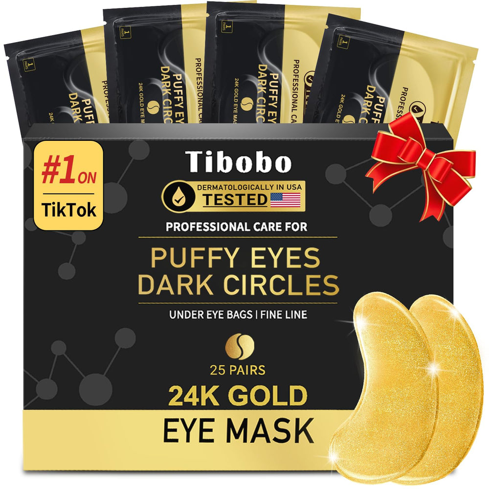 Tibobo 24K gold under-eye patches for depuffing and brightening.