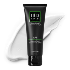 Tiege Hanley AM Morning Moisturizer bottle highlights lightweight hydration and SPF 20 protection.