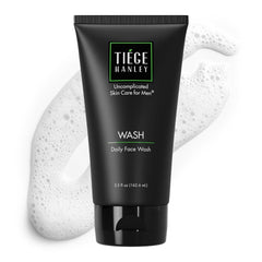Tiege Hanley Daily Face Wash bottle offers fragrance-free cleansing for sensitive skin.