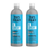 TIGI Bed Head Recovery shampoo bottle pour demonstrates deep hydration for dry, damaged hair.