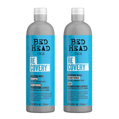 TIGI Bed Head Recovery shampoo bottle pour demonstrates deep hydration for dry, damaged hair.