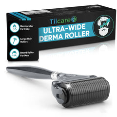 Tilcare beard derma roller close-up with 0.25mm needles for at-home skin care