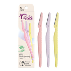 Tinkle Everglow dermaplane razor closeup highlighting precise blades for smooth makeup-ready skin