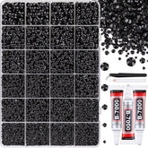 Piedras negras para bedazzling de TINKRSTUFF en caja con rejillas, organización fácil.