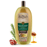 Shampoo Tio Nacho de hierbas mexicanas, frente de la botella, aroma relajante.