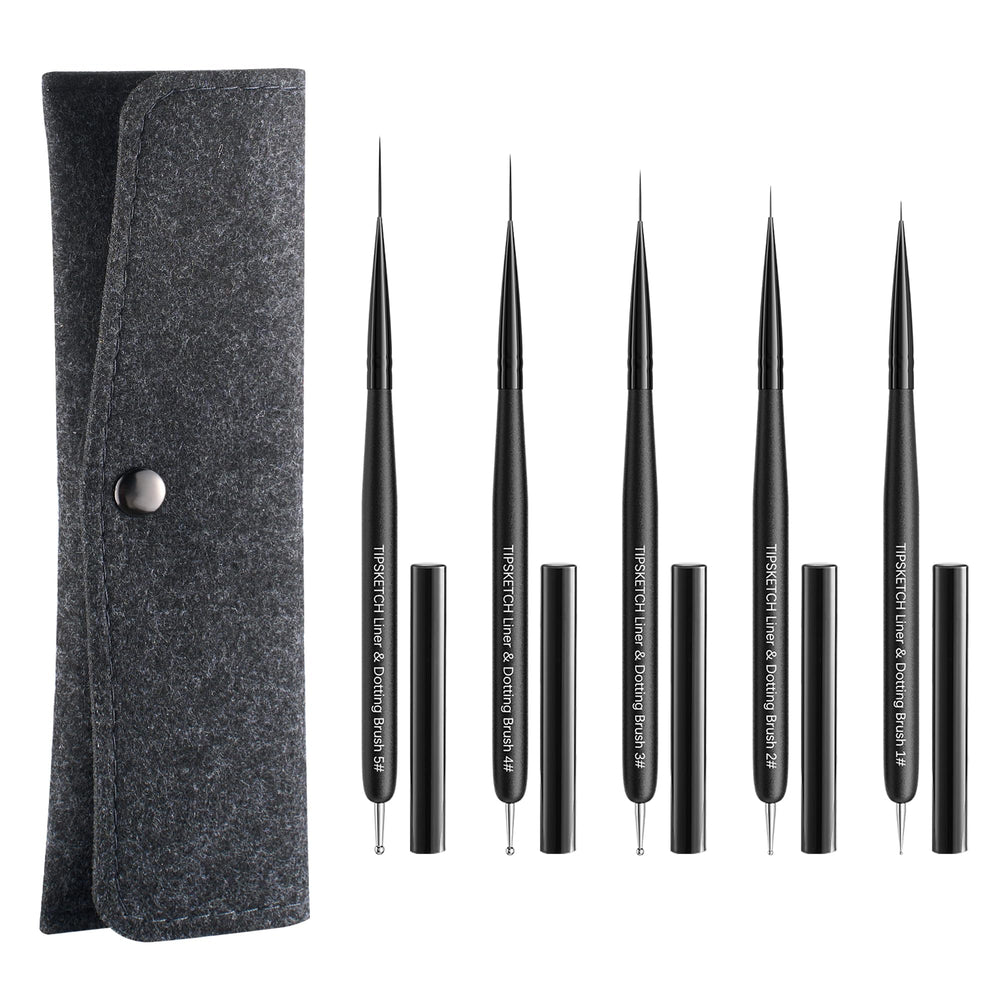 Tipsketch Nail Art Liner Brush set with cap and bag for organized storage.