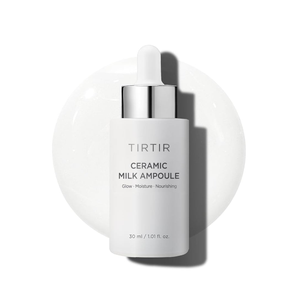 TIRTIR Ceramic Milk Ampoule bottle closeup highlighting premium hydration packaging.