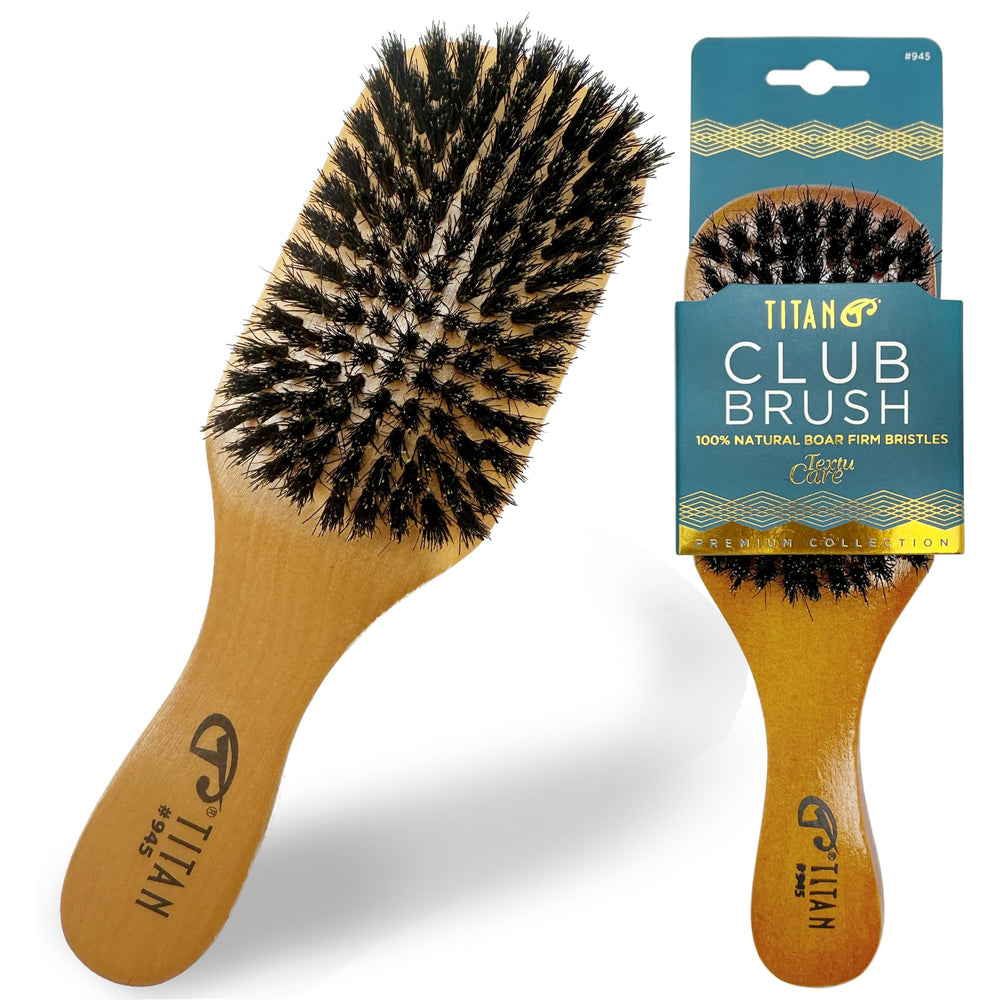 Titan Club Wave Brush with natural boar bristles for smoothing and shine.