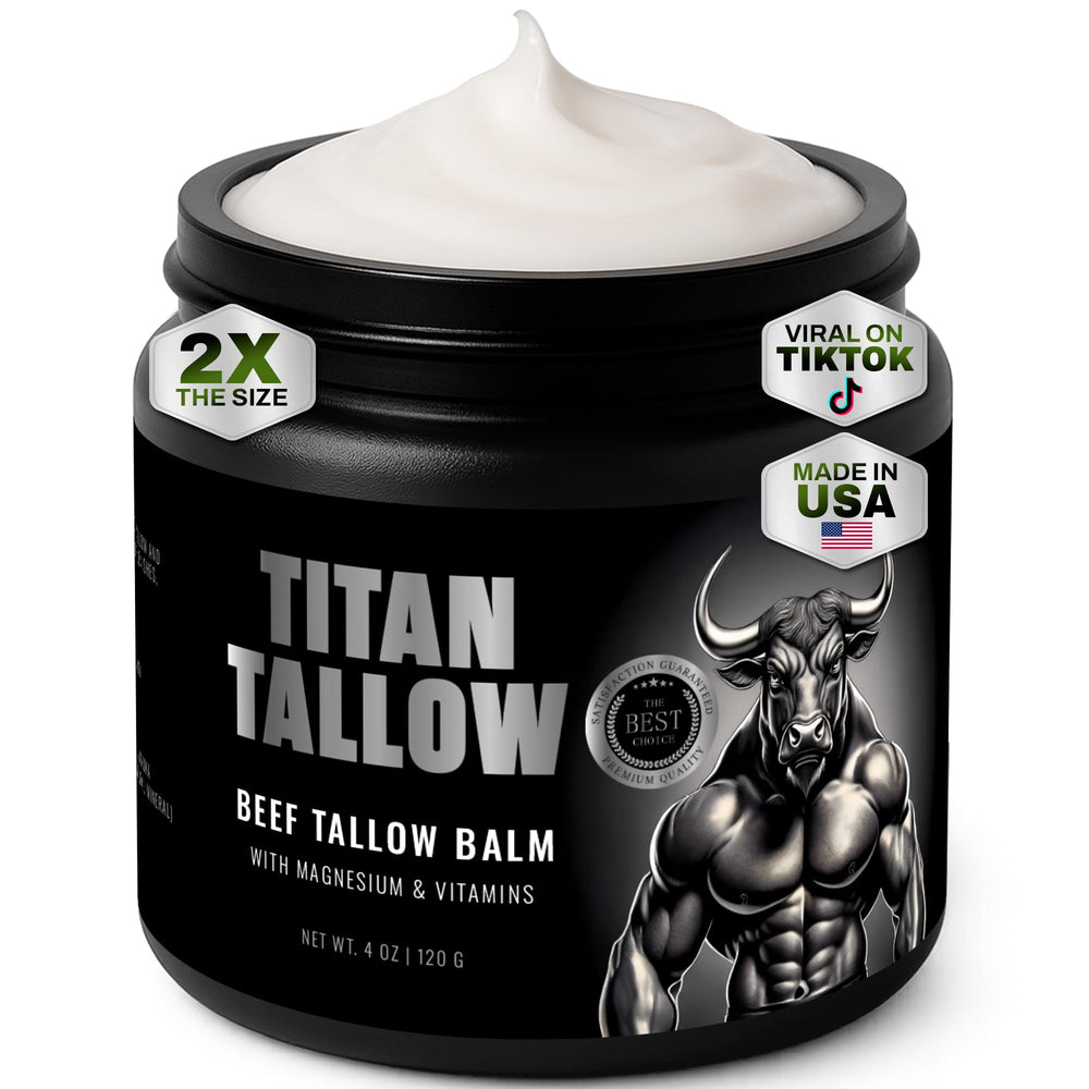 Titan Tallow balm jar close-up illustrating rich texture for deep hydration.