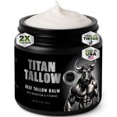 Titan Tallow balm jar close-up illustrating rich texture for deep hydration.
