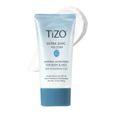 TiZO Ultra Zinc bottle closeup shows mineral sunscreen branding for sensitive skin.