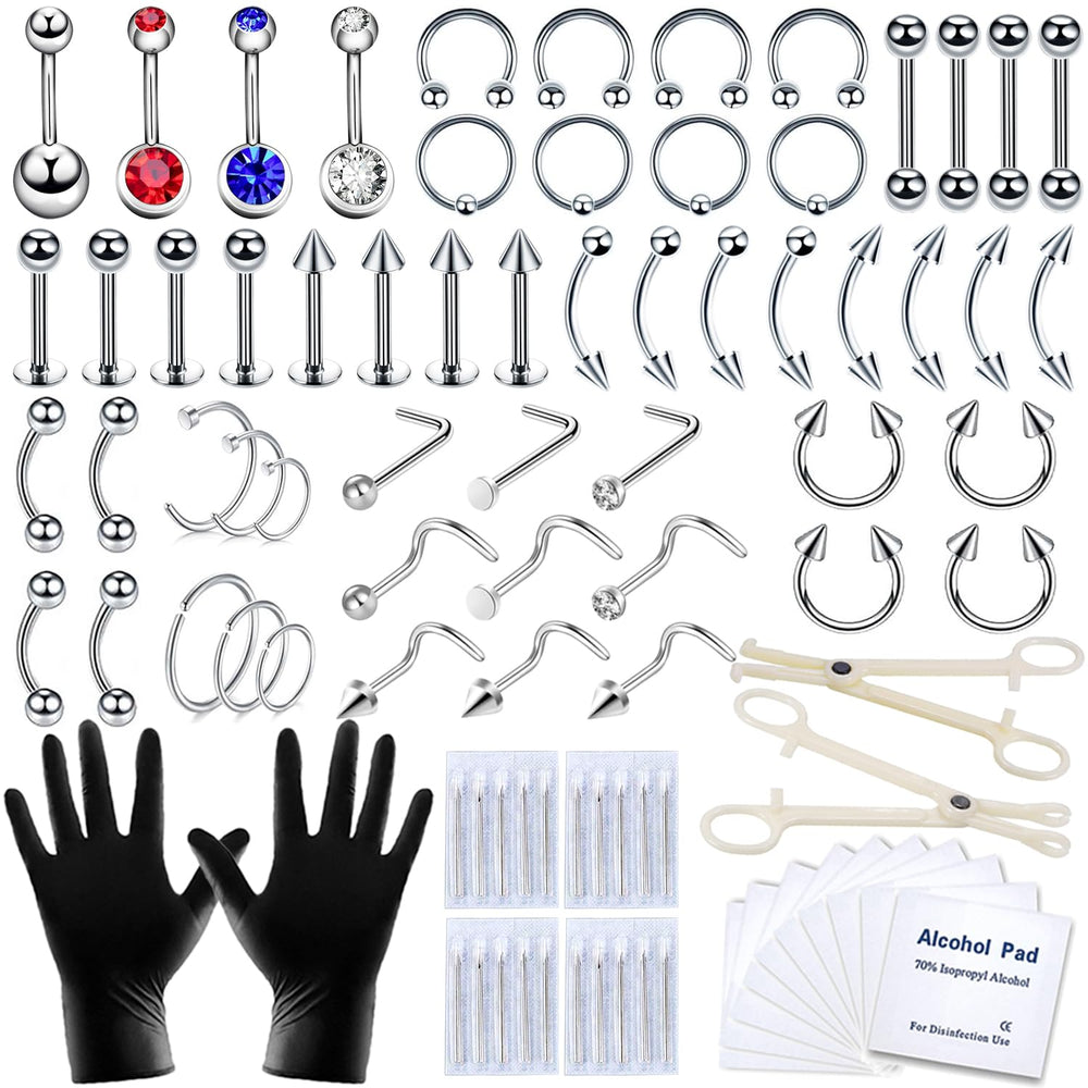 TKKUY 89-pcs kit overview for diverse piercings with a polished finish.