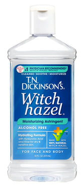 T.N. Dickinson's Witch Hazel bottle shown for gentle daily cleansing.