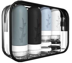 Tocelffe 18-pack travel bottles neatly stored in a compact toiletry bag.