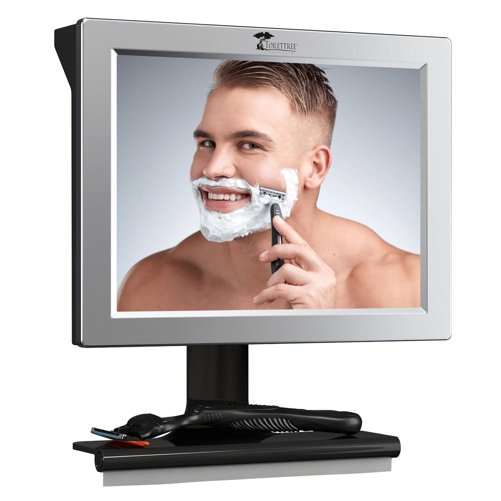 ToiletTree fogless shower mirror with squeegee for a fog-free shave in the shower.