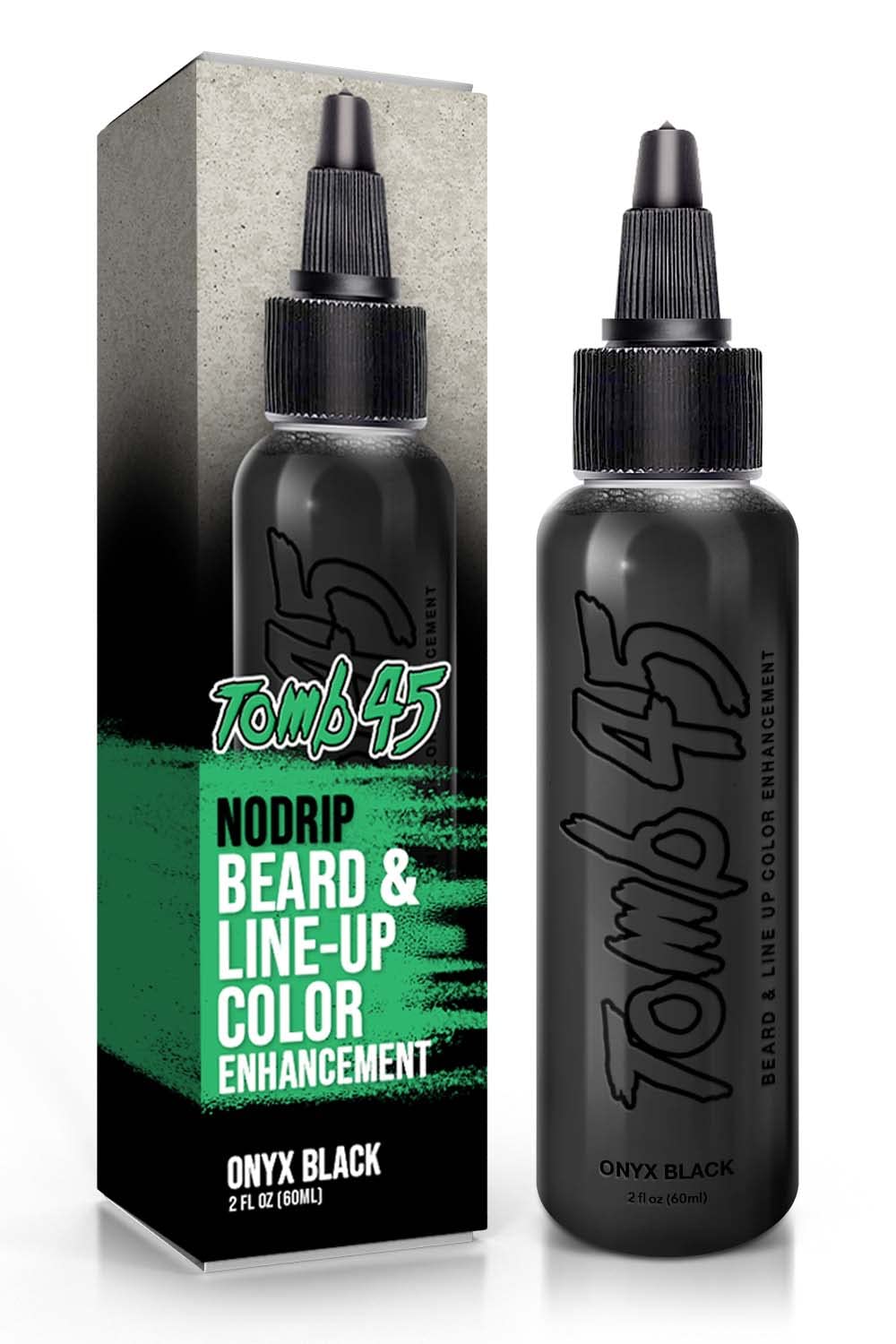 Tomb 45 No Drip Onyx bottle pour showing smooth, long-lasting color for beard and hairlines