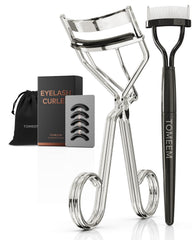 TOMEEM eyelash curler with comb, close-up, natural curl and precise separation.